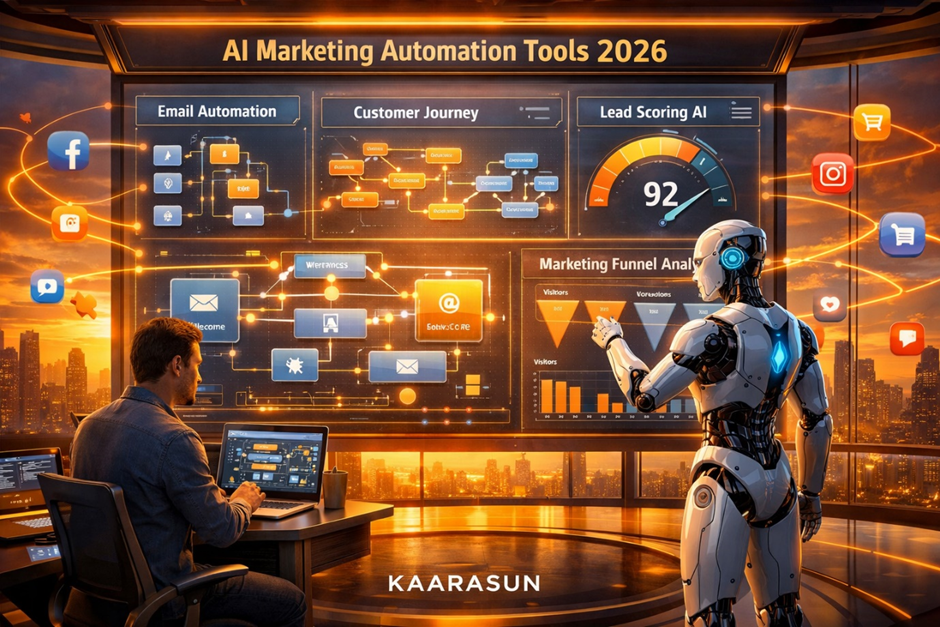 Future AI Marketing Automation Tools system with AI dashboard analyzing marketing data