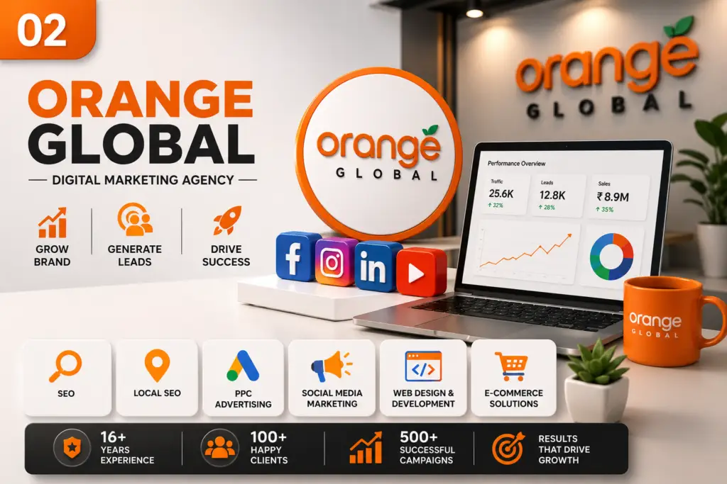 The design features the Orange Global logo social media marketing